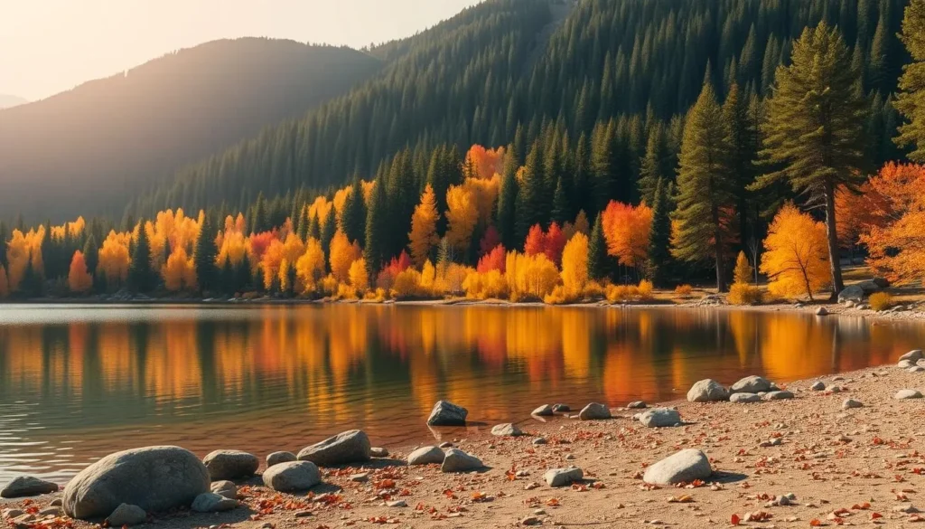 A beautiful autumn landscape at Pinecrest Lake, California. In the foreground, a pristine alpine lake reflects the vibrant oranges, reds, and golds of the surrounding deciduous trees. The middle ground features a gently sloping shoreline dotted with boulders and fallen leaves. In the background, a dense forest of evergreen conifers rises up the mountainside, their deep greens contrasting with the brilliant fall foliage. Warm, diffused sunlight filters through the branches, casting a soft, golden glow over the entire scene. The atmosphere is serene and peaceful, inviting the viewer to immerse themselves in the natural beauty of this stunning location.