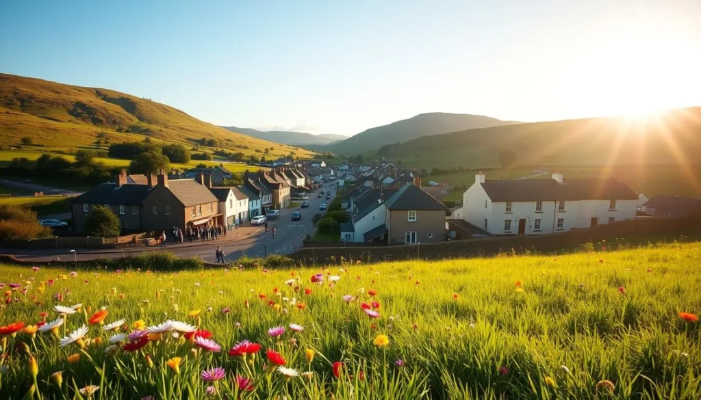 A beautiful, serene landscape showcasing the vibrant festivals of Ulster, Ireland, across the four seasons. In the foreground, a lush green meadow peppered with colorful wildflowers. In the middle ground, a picturesque village with quaint cottages and cobblestone streets, bustling with festive celebrations. The background features rolling hills and a clear, azure sky, with the sun's warm rays illuminating the scene. The lighting is natural and diffused, creating a soft, inviting atmosphere. Capture the essence of Ulster's rich cultural heritage through the lens of its captivating seasonal festivals.