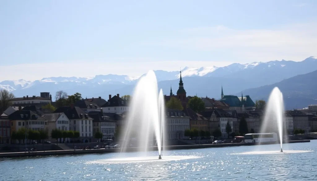 A beautiful, sun-dappled cityscape of Geneva, Switzerland, captured from a vantage point overlooking the sparkling waters of Lake Geneva. In the foreground, the iconic Jet d'Eau fountain erupts skyward, its graceful arc of water shimmering in the warm light. The historic Old Town buildings line the shores, their colorful facades and steep roofs reflected in the calm lake. In the middle distance, the famous Jet d'Eau and the Geneva Cathedral spire stand as architectural landmarks. The background is dominated by the majestic snow-capped peaks of the Jura Mountains, creating a breathtaking natural backdrop. The scene exudes a sense of tranquility and timeless beauty, perfect for a day trip from the nearby city of Neuchâtel.