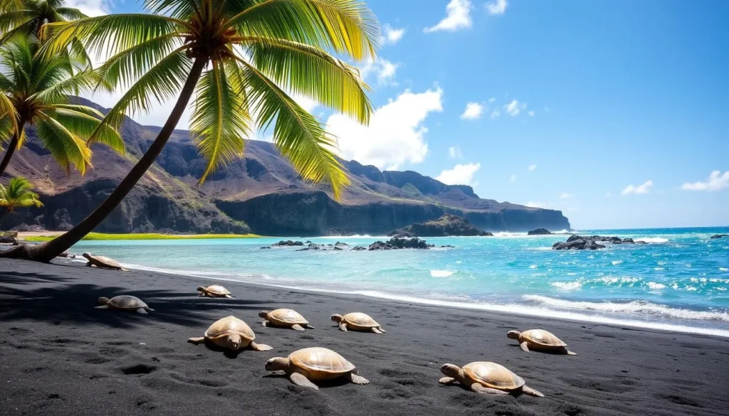 A beautiful sunny day at Punaluʻu Beach on the Big Island of Hawaii. In the foreground, a group of green sea turtles gracefully swimming and resting on the black volcanic sand, their shells glistening in the warm tropical light. In the middle ground, lush palm trees sway gently in the ocean breeze, framing the tranquil scene. The background showcases the dramatic volcanic landscape, with rugged cliffs and the sparkling turquoise waters of the Pacific Ocean. The overall mood is serene and peaceful, inviting the viewer to imagine the perfect time to visit this stunning Hawaiian beach.