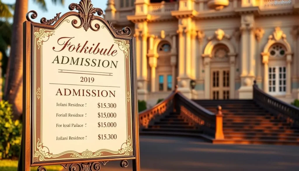 A beautifully designed, elegant signage board displaying the admission prices for Iolani Palace, the former royal residence in Honolulu, Oahu, Hawaii. The signage is prominently displayed in the foreground, with the ornate architecture of the palace visible in the background, bathed in warm, golden natural lighting. The scene conveys a sense of historical significance and regal ambiance, inviting visitors to explore the palace's rich cultural heritage.