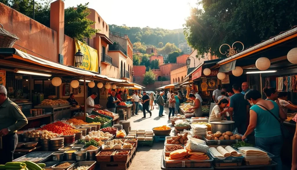 A beautifully lit outdoor market in Saltillo, Mexico, showcasing a vibrant array of traditional local cuisine. In the foreground, vendors sell fresh produce, spices, and handmade tortillas. The middle ground features sizzling street food stalls offering regional specialties like tacos al pastor, enchiladas, and quesadillas. In the background, colorful adobe buildings and lush greenery create a scenic, authentic atmosphere. Warm, golden sunlight filters through, casting a inviting glow over the bustling scene. The overall mood is one of vibrant cultural immersion, enticing food lovers to explore the delicious flavors of Saltillo.