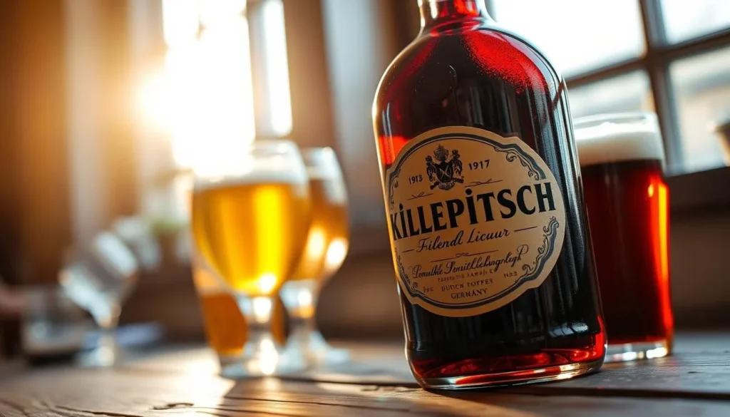 A bottle of Killepitsch liqueur, a unique herbal spirit from Düsseldorf, Germany, resting on a wooden table. The bottle's deep burgundy color glistens under the warm, natural light filtering through a nearby window. Surrounding the bottle are a few Düsseldorf-style beer glasses, hinting at the local culinary culture. The scene conveys a sense of authenticity and craftsmanship, reflecting the rich history and traditions of this vibrant German city.