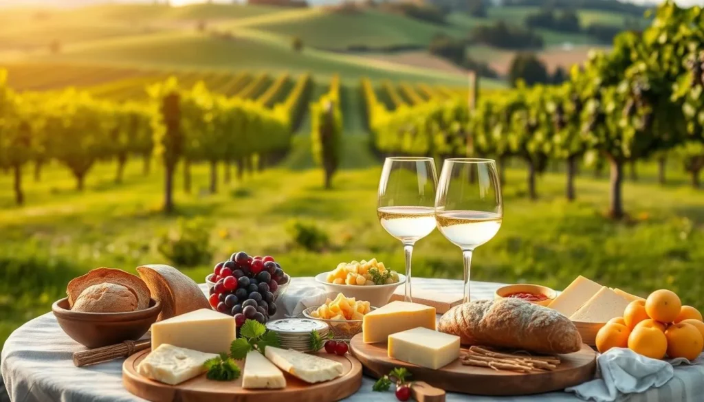 A bountiful table set against the lush, rolling hills of the Willamette Valley. Crisp white wine glasses glisten in the soft, golden light, complementing the array of locally sourced delicacies - artisanal cheeses, fresh-baked bread, and vibrant seasonal produce. In the background, a picturesque vineyard stretches out, its vines heavy with ripe, plump grapes. The scene exudes a sense of rustic elegance, inviting you to savor the flavors of this renowned wine region. Capture the essence of Willamette Valley's food and wine experience with a wide, cinematic lens that immerses the viewer in the beauty and bounty of this extraordinary place.
