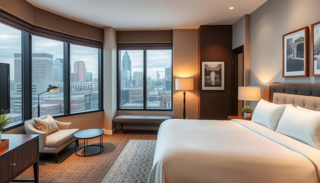 A boutique hotel room in downtown Akron with modern furnishings and city views A boutique hotel room in downtown Akron with modern furnishings and city views