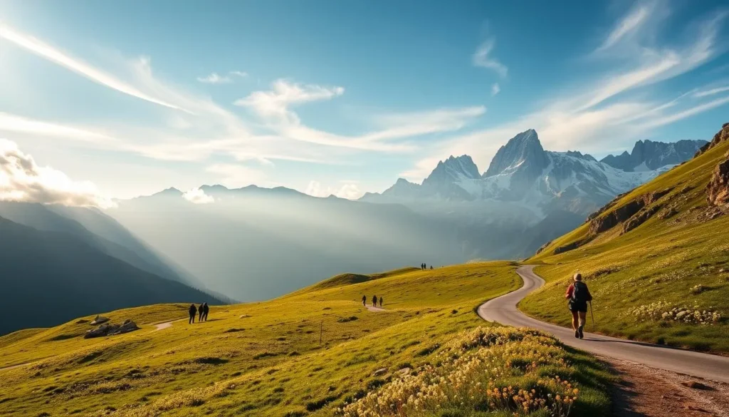 A breathtaking Alpine landscape, with the majestic peaks of the Swiss Parc Ela in the distance. In the foreground, a winding mountain road winds through lush green meadows, dotted with wildflowers. Sunlight filters through wispy clouds, casting a warm, golden glow over the scene. In the middle ground, a group of hikers make their way along the trail, their backpacks and hiking gear suggesting an adventurous journey. The background is dominated by the towering, snow-capped summits of the Parc Ela, their rugged beauty inspiring a sense of awe and wonder. The overall mood is one of peaceful tranquility, with the natural beauty of the landscape taking center stage.