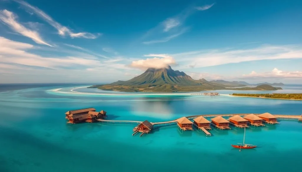 A breathtaking aerial view of Bora Bora Island, the "Pearl of the Pacific", surrounded by a crystal-clear turquoise lagoon and a dramatic ring of lush green volcanic mountains. In the foreground, a stunning overwater bungalow resort with thatched roofs reflects in the calm waters. In the middle ground, traditional outrigger canoes drift lazily across the serene lagoon. The background features a picturesque mountain peak, shrouded in wispy clouds, under a bright, sun-dappled sky. The entire scene exudes a sense of tranquility, beauty, and the timeless allure of this remote tropical paradise.