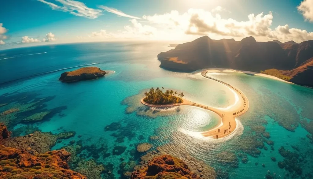 A breathtaking aerial view of Hanauma Bay Nature Preserve, Oahu, Hawaii. The tranquil turquoise waters of the bay are surrounded by lush, verdant cliffs and vibrant coral reefs teeming with diverse marine life. Sunlight filters through wispy clouds, casting a warm, golden glow over the serene scene. In the foreground, a group of snorkelers explore the underwater paradise, their silhouettes visible through the crystal-clear waters. The middle ground showcases the crescent-shaped beach, dotted with swaying palm trees and visitors enjoying the picturesque setting. In the background, the rugged volcanic ridges of the nature preserve rise majestically, creating a stunning natural backdrop. The overall atmosphere is one of peace, beauty, and the harmony between land and sea.