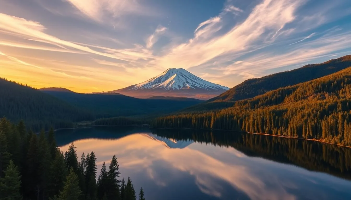 A breathtaking aerial view of Mount Shasta, its snow-capped peak reaching towards the heavens, mirrored in the serene waters of Lake Siskiyou. The lush, verdant forests surrounding the lake create a tranquil, picturesque scene, bathed in the warm, golden glow of the sun. Wispy clouds drift lazily across the sky, adding depth and drama to the majestic landscape. The scene evokes a sense of peace and wonder, perfectly capturing the natural beauty of this stunning California destination.