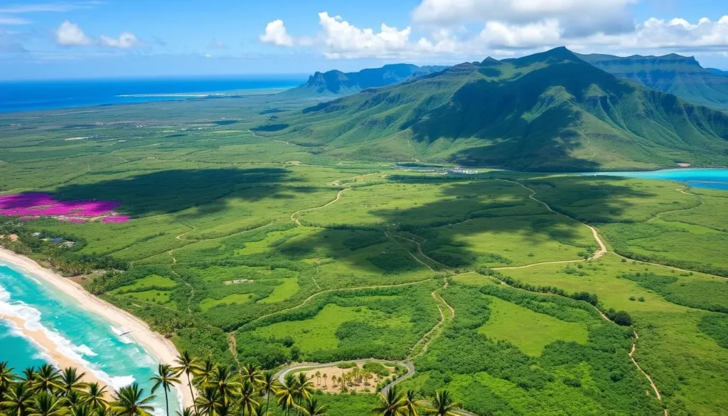 A breathtaking aerial view of Oahu's lush, verdant landscape, framed by azure skies and turquoise waters. In the foreground, pristine white-sand beaches stretch along the coastline, dotted with swaying palm trees. The middle ground reveals a patchwork of vibrant green hills, crisscrossed by winding hiking trails leading to hidden waterfalls. In the distance, majestic volcanic peaks rise majestically, their rugged slopes softened by the warm, golden light of the sun. A gentle breeze carries the scent of tropical flowers, and the tranquil ocean laps against the shore, creating a serene and calming atmosphere. This is the essence of Oahu's paradise, a natural wonder that invites exploration and relaxation.