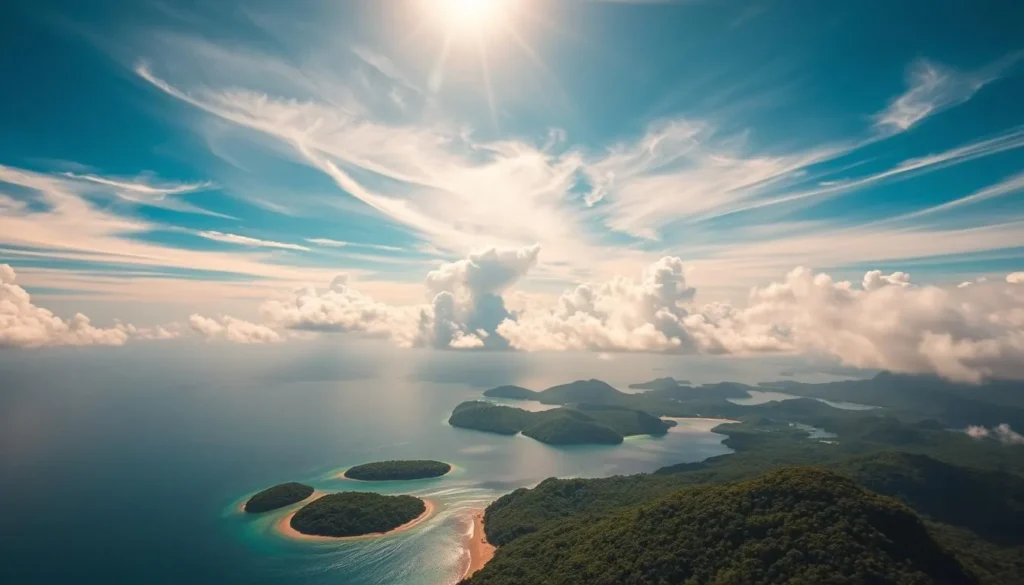 A breathtaking aerial view of Vanuatu's lush tropical landscape, with wispy clouds gently drifting across the azure sky. Sunlight streams through the fluffy formations, casting a warm, golden glow over the verdant islands below. The scene captures the essence of a perfect weather day, with just the right balance of sunshine and cloud cover to create a serene and picturesque atmosphere. The camera angle offers a panoramic perspective, showcasing the stunning natural beauty of this South Pacific paradise.