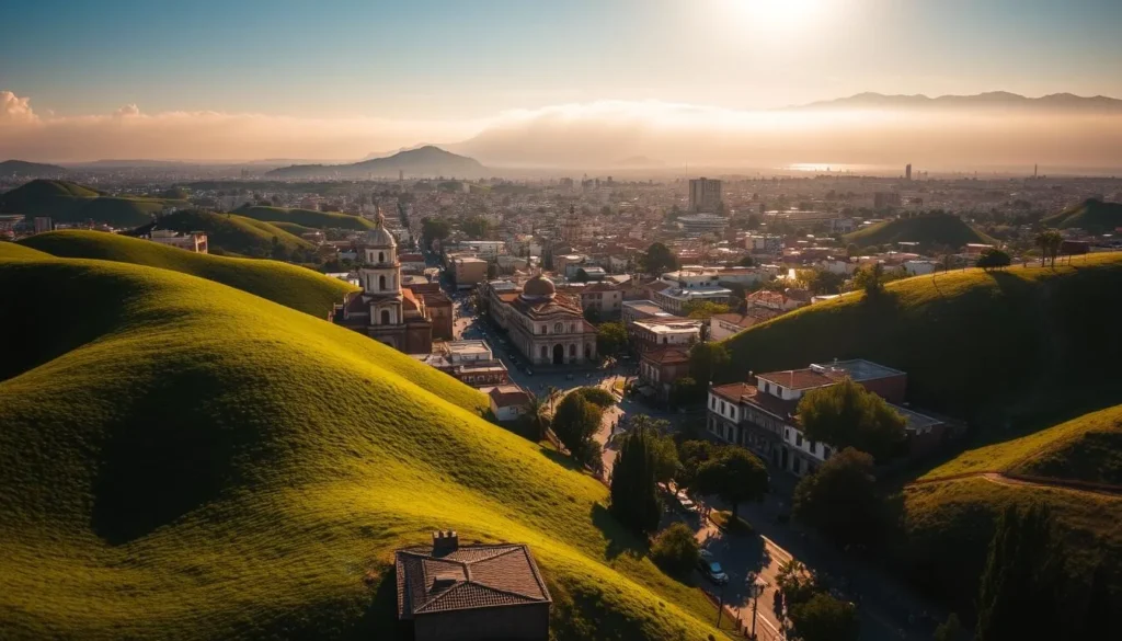 A breathtaking aerial view of Xalapa, Mexico's vibrant cultural hub, on a sun-dappled day. Lush, verdant hills roll gently in the foreground, dotted with colonial architecture and the iconic domes of the Basilica of Our Lady of Guadalupe. In the middle ground, the bustling city streets come alive with local markets, cafes, and pedestrians exploring the historic downtown. The background is framed by the majestic, mist-shrouded peaks of the surrounding Sierra Madre Oriental mountains, creating a picturesque and serene atmosphere. The scene is bathed in warm, golden light, captured through a wide-angle lens to showcase the city's stunning natural setting and architectural charm.