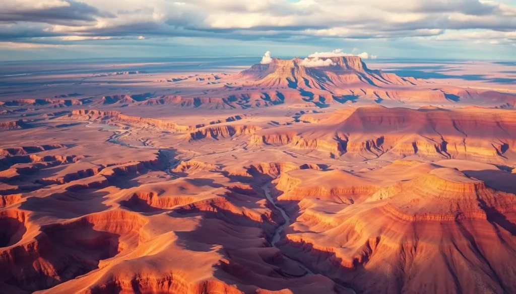 A breathtaking aerial view of the Four Corners region, where the states of Colorado, Utah, Arizona, and New Mexico converge. Rolling red-rock mesas and canyons stretch out in the foreground, with the Sleeping Ute Mountain rising majestically in the distance. Soft, warm light filters through wispy clouds, casting long shadows across the rugged landscape. In the middle ground, winding rivers and high-desert plateaus create a tapestry of earthy hues. The overall scene conveys a sense of vast, untamed wilderness, inviting the viewer to explore this stunning natural gateway to Farmington, New Mexico.