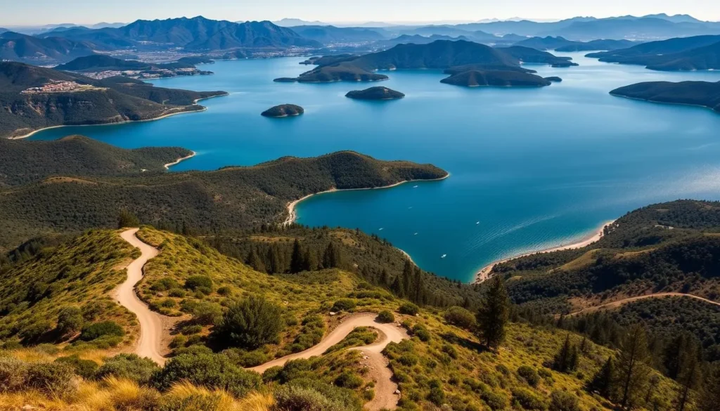 A breathtaking aerial view of the expansive Santa Clara County reservoirs, nestled amidst the rolling hills and lush greenery of the California landscape. The clear blue waters glisten under the warm, golden sunlight, inviting exploration and outdoor adventure. In the foreground, picturesque hiking trails wind through the verdant terrain, leading to scenic lookout points that offer panoramic vistas of the diverse reservoir system. The middle ground showcases the serene, tranquil waters, dotted with small boats and kayaks, while the background features the majestic silhouettes of the surrounding mountains, creating a serene and picturesque scene that captures the natural beauty of this remarkable region.