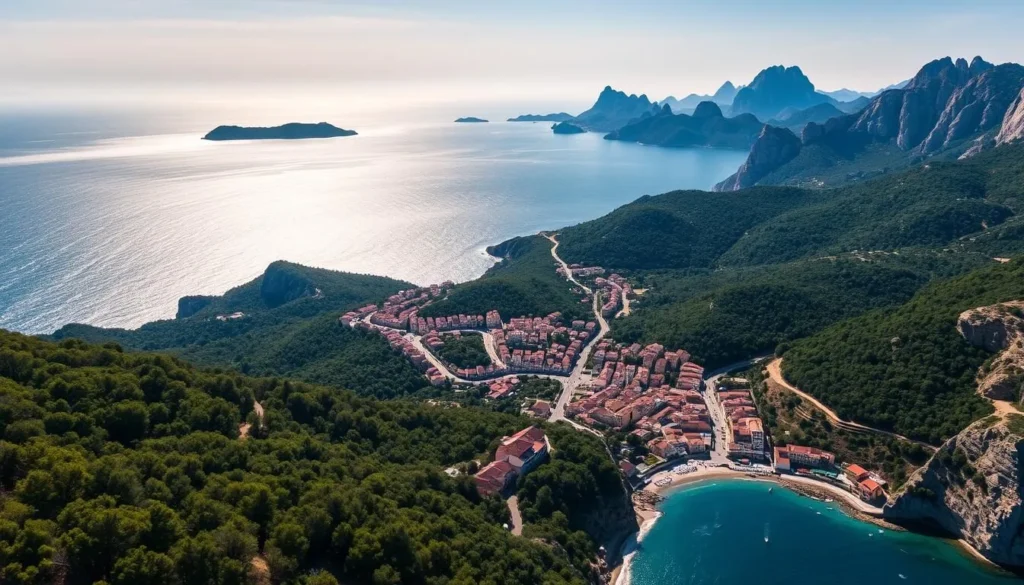 A breathtaking aerial view of the idyllic island of Corsica, France, with its rugged mountains, lush forests, and sparkling turquoise waters. The sun casts a warm glow over the landscape, highlighting the striking contrast between the deep-green foliage and the shimmering sea. In the foreground, a picturesque fishing village nestled along the coastline, its terracotta-roofed houses and narrow streets inviting exploration. The middle ground features winding roads leading through scenic mountain passes, offering panoramic vistas of the island's natural beauty. In the background, towering peaks pierce the azure sky, their jagged silhouettes casting dramatic shadows across the terrain. The overall scene radiates a sense of tranquility and adventure, perfectly capturing the essence of the "Island of Beauty."