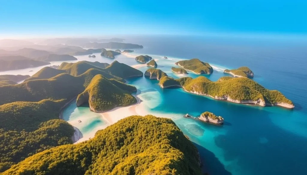 A breathtaking aerial view of the pristine Con Dao Archipelago, a cluster of 16 lush, emerald-green islands nestled in the turquoise waters of the East Vietnam Sea. Sunlight dances across the gently swaying palm trees and white-sand beaches, casting a warm, idyllic glow over the rugged, mountainous landscapes. In the distance, the crystal-clear ocean stretches out towards the horizon, dotted with rocky outcroppings and hidden coves. A picturesque scene, captured through the lens of a high-resolution camera with a wide-angle perspective, conveying a sense of serene, untamed natural beauty.