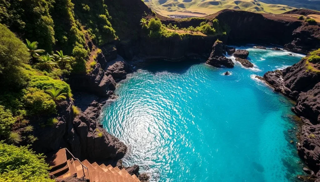 A breathtaking aerial view of the renowned Queen's Bath tidal pool in Kauai, Hawaii. The clear, turquoise waters are surrounded by dramatic, volcanic cliffs draped in lush, tropical foliage. Sunlight dances across the pool's surface, creating a mesmerizing, shimmering effect. In the foreground, the pool's natural stone steps lead down to the water's edge, inviting visitors to explore this stunning natural wonder. The mid-ground features the rugged, undulating coastline, while the background showcases the verdant, rolling hills of the island's interior. Capture the serene, tranquil atmosphere of this breathtaking, geological marvel.