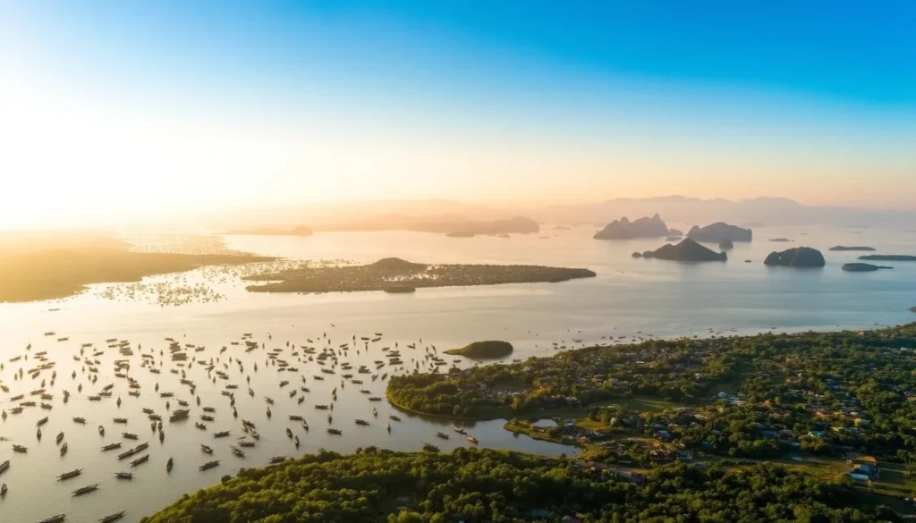 A breathtaking aerial vista of Tonle Sap Lake, Cambodia, bathed in golden sunlight. In the foreground, a kaleidoscope of traditional fishing boats and floating villages dot the serene waters. The middle ground reveals lush, verdant shores teeming with life, while the distant horizon is framed by majestic mountains, their silhouettes mirrored in the tranquil lake. The scene is illuminated by a warm, diffused natural light, creating a sense of tranquility and wonder. Capture the essence of this remarkable ecosystem, where human and natural worlds coexist in perfect harmony.