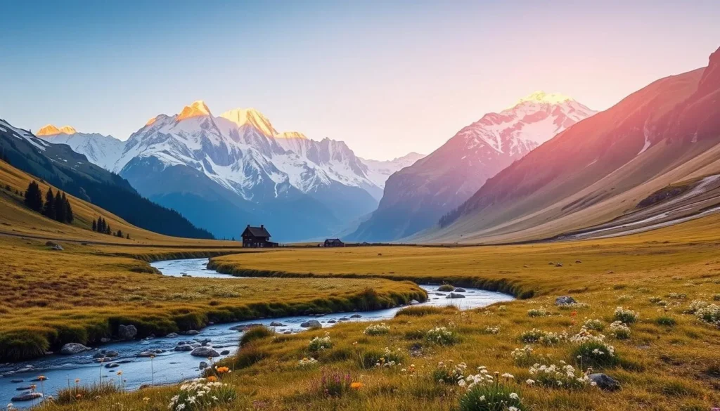 A breathtaking alpine landscape in Naturpark Diemtigtal, Switzerland. The majestic Swiss Alps rise in the background, their snow-capped peaks glowing under the warm afternoon sun. In the foreground, a serene meadow dotted with wildflowers gently sways in the cool mountain breeze. A crystal-clear stream winds its way through the valley, its calming waters reflecting the surrounding peaks. The scene is bathed in a soft, golden light, creating a peaceful and tranquil atmosphere. A perfect setting for cozy mountain accommodations nestled amidst the natural splendor of the Diemtigtal region.