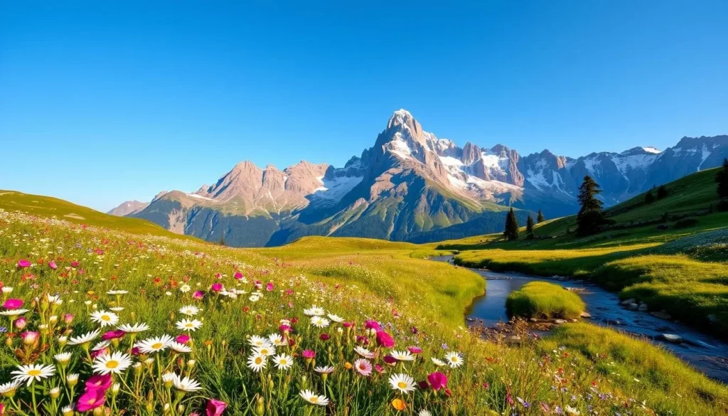 A breathtaking alpine landscape in the Swiss Alps, with the majestic peak of Dom mountain towering in the distance. In the foreground, a lush meadow is blanketed in a colorful tapestry of wildflowers, including vibrant edelweiss, delicate alpine roses, and delicate forget-me-nots. A crystal-clear stream meanders through the scene, its waters reflecting the azure sky above. In the middle ground, rugged, snow-capped peaks rise up, their jagged edges softened by the warm, golden glow of the afternoon sun. The overall scene exudes a sense of tranquility and awe, capturing the natural beauty and serenity of the Swiss Alps.