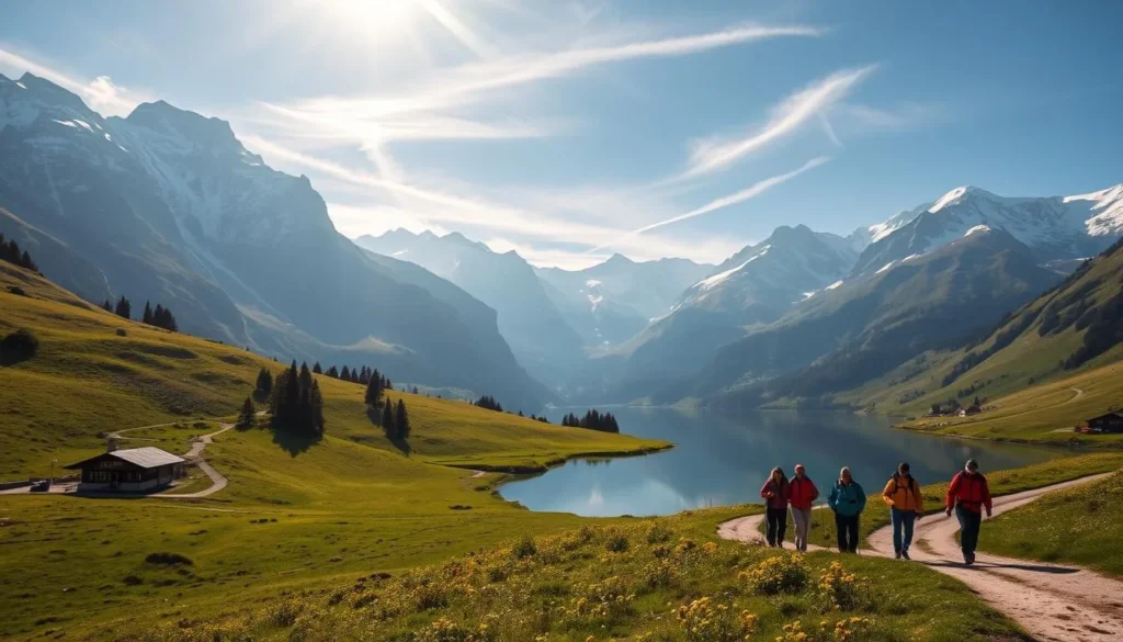 A breathtaking alpine landscape on a crisp, clear day in the Swiss Alps. Towering snow-capped peaks and glaciers rise in the distance, reflected in a serene lake in the foreground. Quaint wooden chalets dot the rolling hills, surrounded by lush meadows of wildflowers. Warm sunlight filters through wispy clouds, casting a soft, golden glow over the scene. A group of hikers in bright outdoor gear trek along a winding trail, taking in the majestic vistas. The atmosphere is one of tranquility and adventure, perfectly capturing the essence of a day trip from the charming town of St. Moritz.