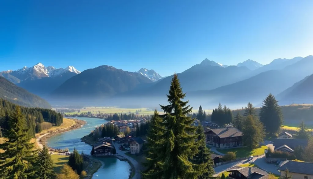 A breathtaking alpine landscape, with the majestic peaks of the Swiss Alps rising majestically in the background. In the foreground, a charming village nestled among rolling hills, its traditional buildings and cozy chalets bathed in the warm glow of the sun. A winding river meanders through the scene, its crystal-clear waters reflecting the surrounding natural beauty. Towering evergreen trees dot the landscape, their verdant foliage casting soft shadows on the picturesque streets below. The atmosphere is serene and tranquil, inviting visitors to immerse themselves in the serene splendor of this alpine paradise.