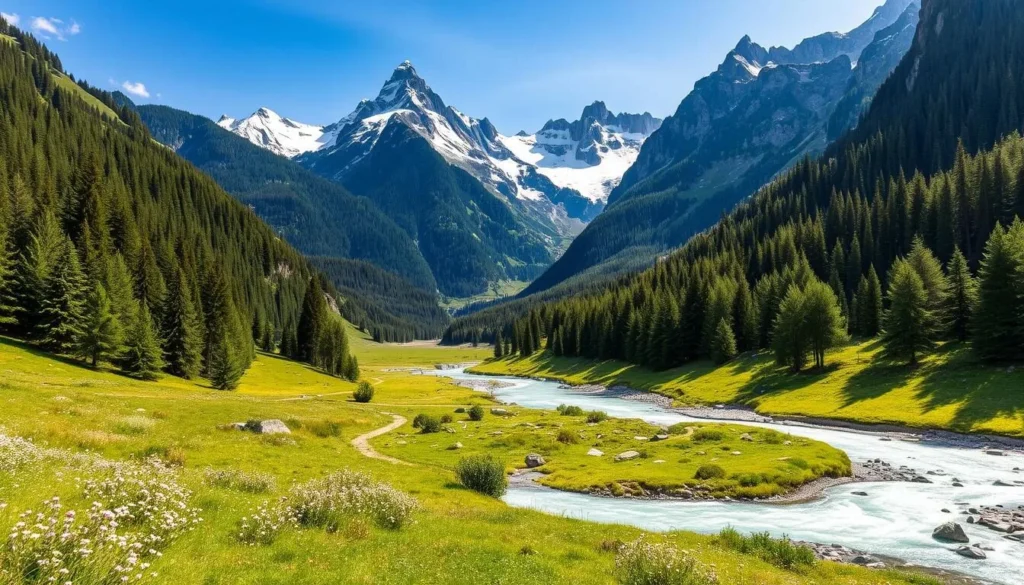 A breathtaking alpine valley nestled between towering snow-capped peaks, the Val Müstair landscape unfolds in layers of natural wonder. In the foreground, a crystal-clear river winds its way through lush meadows dotted with wildflowers. The middle ground features dense, verdant forests climbing the mountainsides, their dense canopies casting soft, dappled shadows. In the distance, rugged, jagged summits rise majestically, their sheer cliffs and glaciers glistening under the warm, golden light of a sunny day. An atmosphere of serene tranquility and awe-inspiring natural beauty pervades the scene, inviting the viewer to immerse themselves in the splendor of this enchanting Swiss alpine valley.