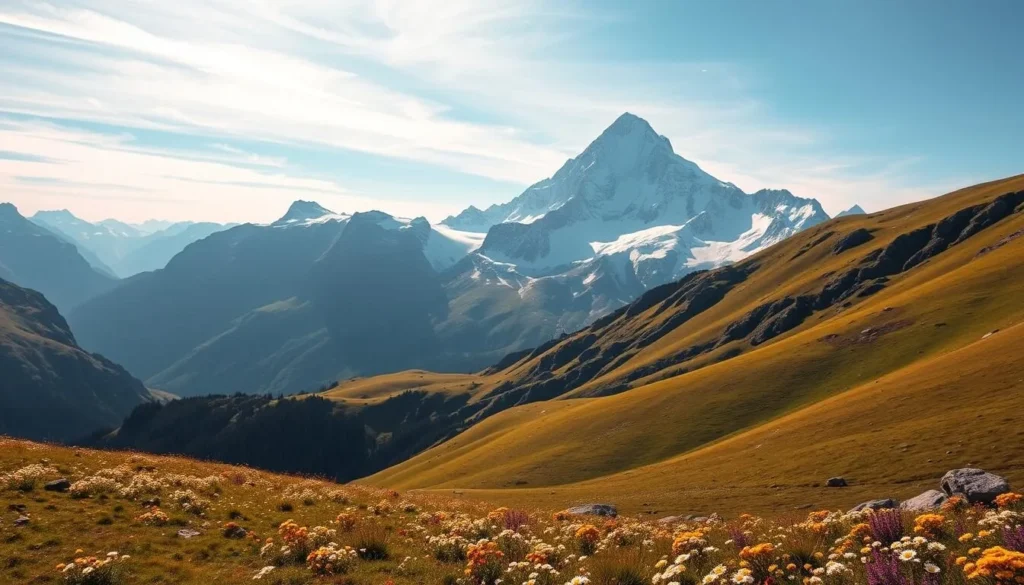 A breathtaking alpine vista of Piz Bernina, Switzerland's eastern gem, towering majestically against a backdrop of azure skies. Capture the grandeur of its snow-capped peaks, glittering in the warm sunlight, flanked by lush, rolling meadows dotted with wildflowers. Immerse the viewer in the serene atmosphere, with a wide-angle lens showcasing the dramatic scale of this natural wonder. Convey a sense of awe and tranquility, inviting the observer to embark on a journey of discovery through the untamed beauty of the Swiss Alps.