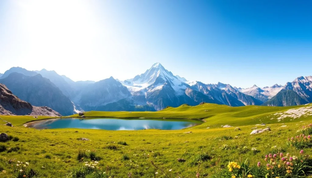 A breathtaking alpine vista, the majestic Lyskamm towering in the distance, its snow-capped peaks glimmering in the warm afternoon sunlight. In the foreground, a tranquil mountain lake reflects the surrounding rugged terrain, its crystal-clear waters inviting hikers to pause and take in the serene beauty. Lush, verdant meadows dotted with wildflowers stretch out towards the base of the mountain, offering a picturesque setting for outdoor activities and exploration. The scene is bathed in a soft, natural light, creating a sense of peace and harmony that perfectly captures the essence of the Swiss Alps. Wide-angle lens, f/8, 1/200s.