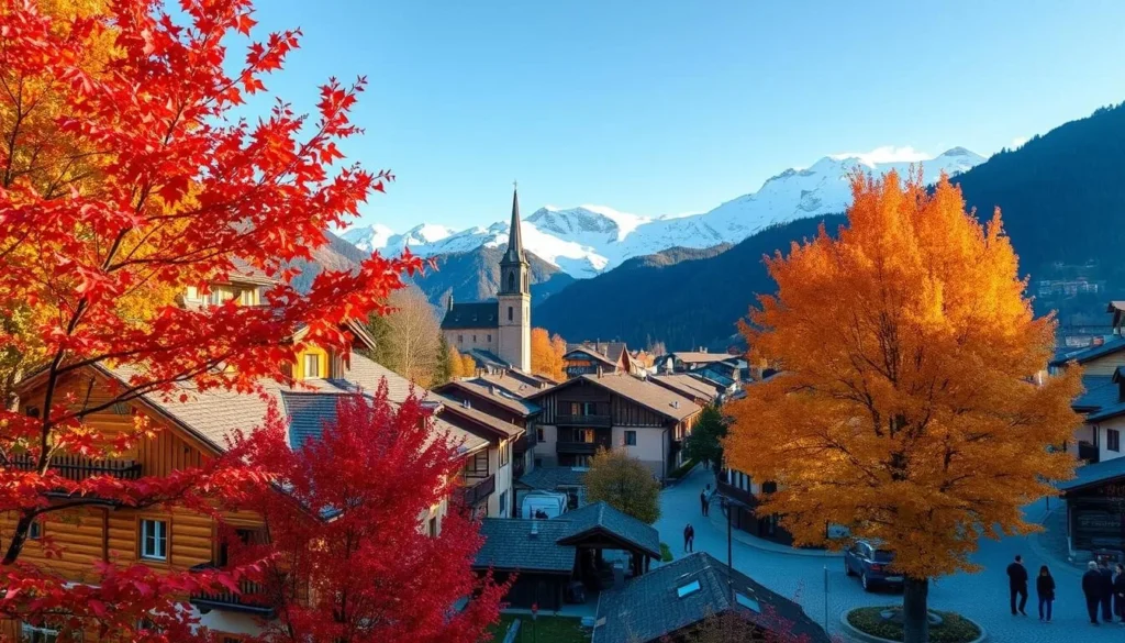 A breathtaking autumnal landscape in the heart of the French Alps, showcasing the picturesque village of Val-d'Isère. In the foreground, vibrant red and golden foliage from the surrounding deciduous trees frame the charming alpine chalets, their traditional wooden facades bathed in warm, soft lighting. The middle ground features the town's iconic church steeple and winding cobblestone streets, bustling with locals and visitors alike, enjoying the crisp, clear mountain air. In the distance, the majestic snow-capped peaks of the Vanoise National Park rise majestically, creating a breathtaking backdrop to this quintessential alpine scene. The overall atmosphere exudes a sense of tranquility and natural beauty, perfectly capturing the essence of fall in the Alps.