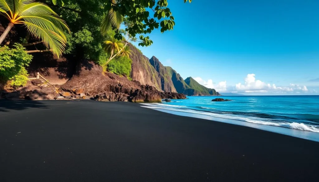 A breathtaking black sand beach on the Marquesas Islands, French Polynesia. Volcanic rocks glisten under the warm sun, contrasting with the turquoise waters of the Pacific Ocean. Lush tropical foliage frames the tranquil scene, creating a serene and picturesque landscape. In the foreground, fine black sand gently slopes towards the gentle waves lapping at the shore. A wide-angle lens captures the expansive view, showcasing the dramatic scale and natural beauty of this remote, unspoiled paradise. The overall mood is one of relaxation, inviting the viewer to bask in the peaceful ambiance of this stunning, off-the-beaten-path destination.