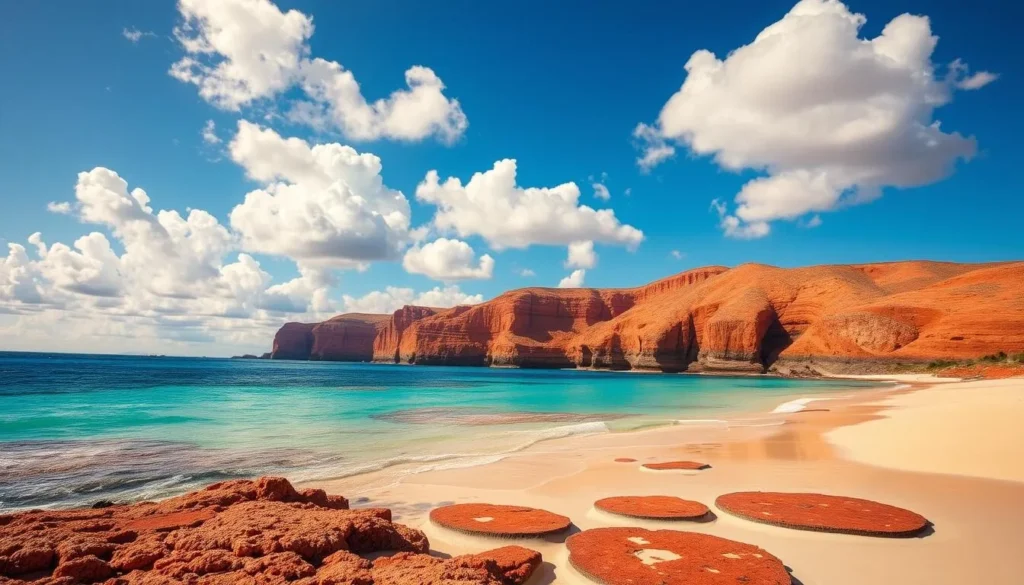 A breathtaking coastal landscape along Western Australia's Coral Coast. In the foreground, crystal-clear turquoise waters gently lap against a sun-kissed sandy beach dotted with vibrant coral formations. Towering red-ochre cliffs rise up in the middle ground, their rugged contours casting dramatic shadows. Beyond, a boundless azure sky is dotted with fluffy white clouds, illuminating the scene with a warm, golden glow. A sense of tranquility and wonder pervades the air, inviting the viewer to immerse themselves in the natural beauty of this remarkable region.