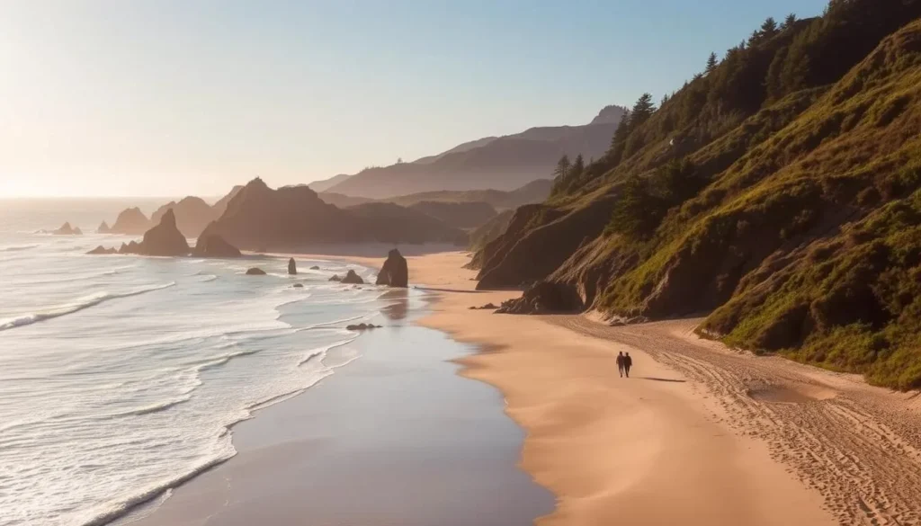 A breathtaking coastal landscape along the Coos Bay shoreline, with expansive sandy beaches framed by towering cliffs. The sun casts a warm glow over the scene, illuminating the gentle waves lapping at the shore. In the foreground, beachgoers stroll along the water's edge, taking in the serene beauty of the Oregon coast. The middle ground features a mix of rocky outcroppings and lush, verdant vegetation, leading the eye towards the distant horizon, where the azure sky meets the sparkling ocean. Captured with a wide-angle lens to showcase the grandeur of this hidden coastal gem.