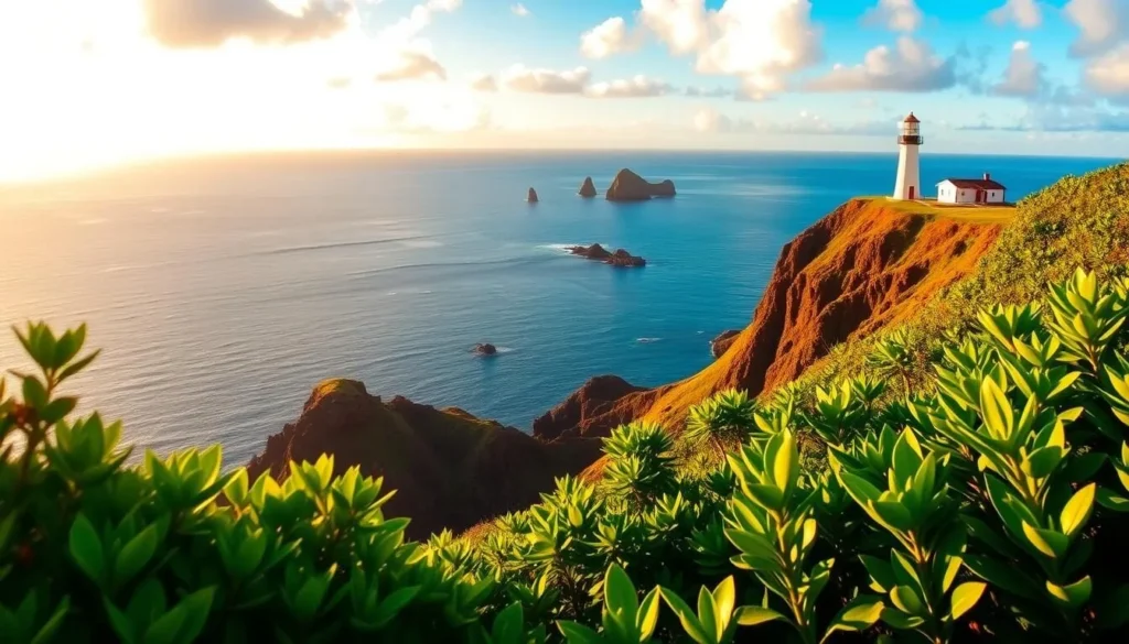 A breathtaking coastal landscape at Kilauea Point National Wildlife Refuge on the island of Kauai, Hawaii. The scene features a picturesque lighthouse standing atop rugged volcanic cliffs, overlooking the vast Pacific Ocean. Vibrant green foliage and lush tropical vegetation frame the foreground, while in the distance, dramatic sea stacks and islets dot the horizon. Warm, golden sunlight bathes the scene, creating a serene and inviting atmosphere. The image captures the natural beauty and tranquility of this protected wildlife haven, perfect for visitors seeking to explore and appreciate the wonders of Hawaii's coastline.