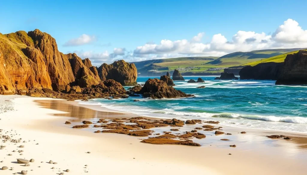 A breathtaking coastal landscape of Northern Ireland, with rugged cliffs, crashing waves, and a vibrant blue sky. In the foreground, a pristine white-sand beach stretches out, dotted with smooth pebbles and gentle tide pools. The middle ground features dramatic rock formations, sculpted by the relentless forces of wind and water, their earthy hues contrasting with the sparkling sea. In the distance, rolling hills and lush green meadows recede into the horizon, their slopes dotted with charming seaside villages. The scene is bathed in warm, golden sunlight, casting a warm glow over the entire tableau. Capture the essence of this stunning coastal gem, showcasing the natural beauty and tranquil allure of Northern Ireland's picturesque shores.