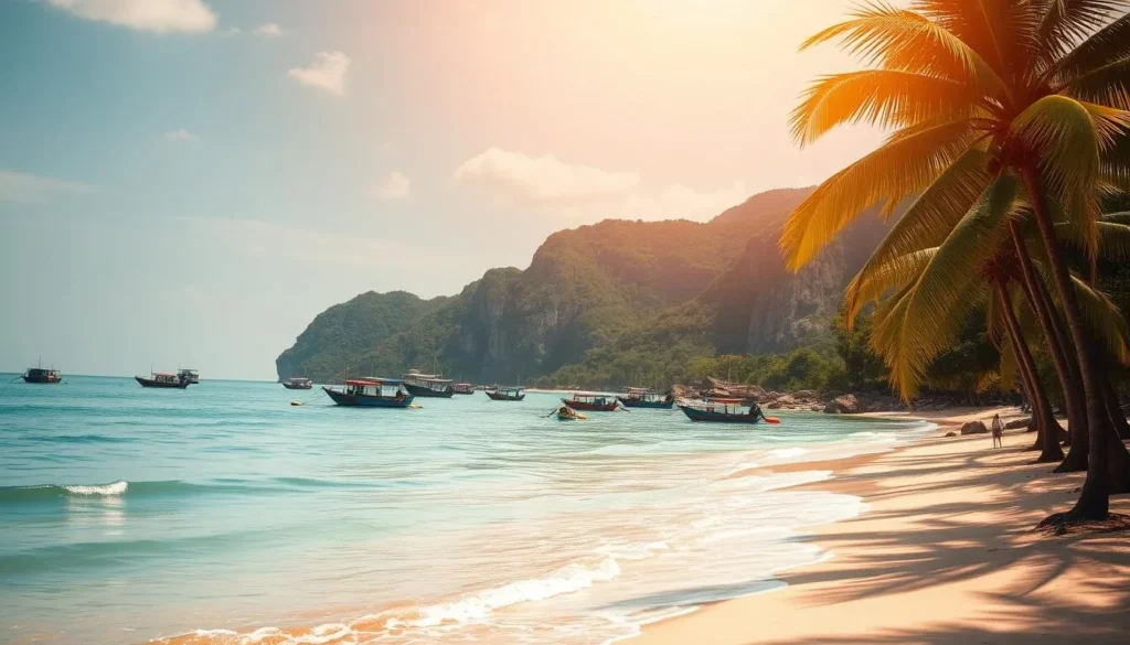 A breathtaking coastal paradise in Mũi Né, Vietnam, under a warm, sun-drenched sky. In the foreground, gently lapping waves caress the pristine, golden sandy beach. Swaying palm trees line the shore, their fronds casting gentle shadows. In the middle ground, colorful fishing boats dot the turquoise waters, reflecting the vibrant hues of the horizon. Rugged, undulating hills rise in the distance, their slopes blanketed in lush, verdant vegetation. Warm, diffused lighting bathes the entire scene in a soft, golden glow, creating a serene and tranquil atmosphere. The composition emphasizes the harmonious balance between the natural elements, inviting the viewer to immerse themselves in this idyllic coastal oasis.