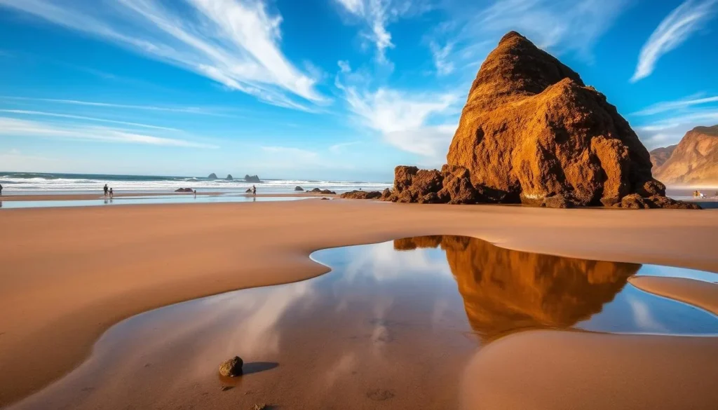 A breathtaking coastal scene at Cannon Beach, Oregon. In the foreground, the iconic Haystack Rock stands tall, its majestic silhouette reflected in the tranquil tide pools at its base. The middle ground is adorned with soft, golden sand, dotted with beachgoers leisurely strolling or building sandcastles. In the background, the azure Pacific Ocean stretches out to the horizon, its waves gently lapping against the shoreline. Wispy clouds drift overhead, casting a warm, golden glow over the entire scene. Capture this serene and picturesque moment, using a wide-angle lens to showcase the natural beauty of Cannon Beach, Oregon's coastal gem.