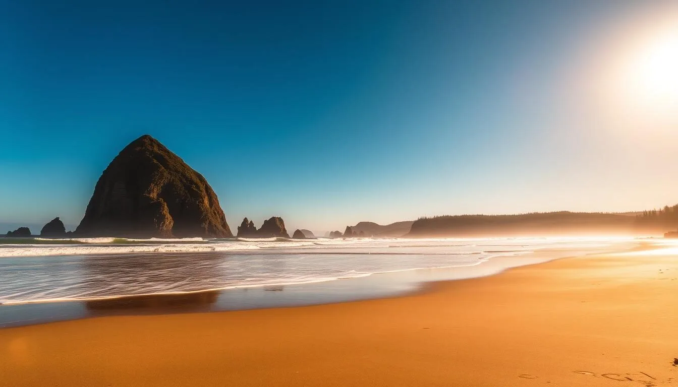 A breathtaking coastal scene of Cannon Beach, Oregon. In the foreground, a vast expanse of golden sand leads to the crashing waves of the Pacific Ocean. Towering, majestic rock formations known as Haystack Rock stand tall, their jagged silhouettes against a brilliant blue sky. The sun's warm rays cast a golden glow over the tranquil scene, creating a serene and inviting atmosphere. In the distance, lush green forests hug the coastline, adding depth and texture to the landscape. Capture the beauty and splendor of this iconic Oregon destination with a wide-angle lens, showcasing the stunning natural wonder that defines Cannon Beach.