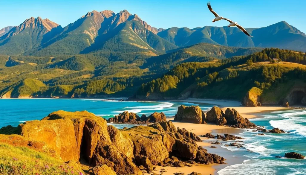 A breathtaking coastal vista along the rugged California shoreline, with towering peaks of the Coast Ranges Mountains rising majestically in the background. Lush, verdant forests cascade down the slopes, dotted with pockets of vibrant wildflowers. In the foreground, a pristine beach is bathed in warm, golden sunlight, inviting visitors to explore the craggy tide pools and discover the area's abundant marine life. Seabirds soar gracefully above the crashing waves, adding to the sense of tranquility and adventure. The scene is captured with a wide-angle lens, highlighting the grandeur of the natural landscape and creating a sense of depth and scale.