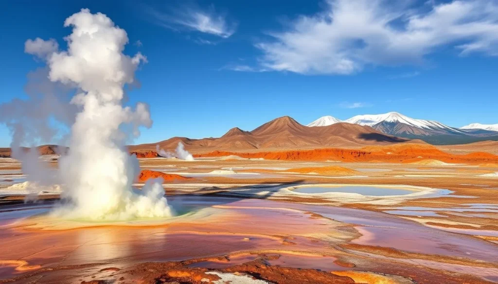 A breathtaking geothermal landscape in Lassen Volcanic National Park, California. In the foreground, a vibrant, steaming fumarole emits plumes of sulfurous vapor against a clear, azure sky. In the middle ground, a series of bubbling mud pots and hissing hot springs dot the rugged, ochre-hued terrain. The background features the majestic, snow-capped peaks of the Lassen Range, bathed in warm, golden light. Capture the raw, primal power of the Earth's internal furnace with a cinematic, wide-angle lens, showcasing the dramatic interplay of fire, water, and rock in this otherworldly, geothermal wonderland.