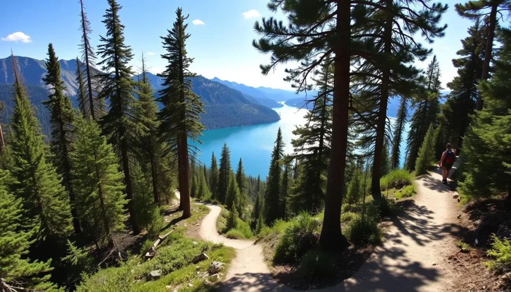 A breathtaking hiking trail winds through a lush, verdant forest, with sunlight filtering down through the canopy of towering evergreen trees. In the distance, a pristine alpine lake shimmers, its turquoise waters reflecting the rugged peaks of the Sierra Nevada mountains. The path meanders along the shoreline, offering sweeping vistas of the surrounding landscape. Hikers traverse the trail, their silhouettes adding a sense of scale and exploration to the scene. The lighting is soft and diffused, creating a peaceful, tranquil atmosphere. Captured with a wide-angle lens, this image showcases the natural beauty and adventurous spirit of the Emerald Bay region.