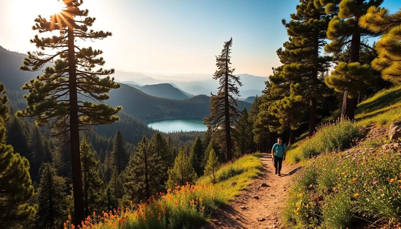 A breathtaking hiking trail winds through the lush, verdant forests of Mount Baldy, California. The path is bathed in warm, golden sunlight, casting a serene and inviting atmosphere. Towering pine trees line the trail, their branches swaying gently in the cool mountain breeze. Vibrant wildflowers dot the landscape, adding pops of color to the serene scene. In the distance, a crystal-clear lake shimmers, its calm waters reflecting the surrounding peaks. Hikers traverse the well-maintained trail, taking in the stunning vistas and immersing themselves in the tranquility of the natural world. The overall composition evokes a sense of peaceful exploration and outdoor adventure.