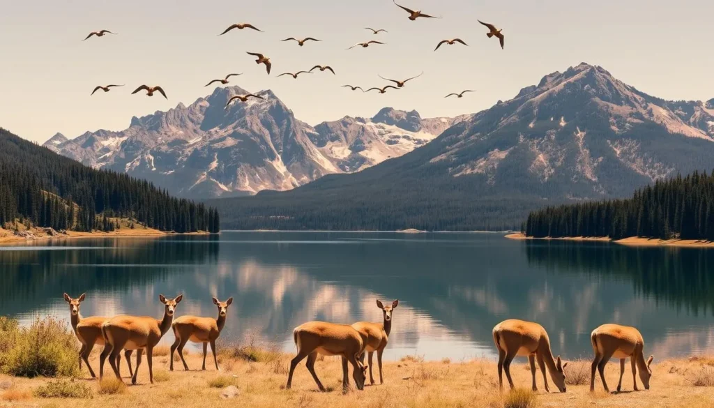 A breathtaking landscape at Convict Lake, California, captured in warm natural lighting. In the foreground, a group of curious deer graze peacefully, their alert ears perked up. In the middle ground, a crystal-clear lake reflects the majestic mountain peaks and lush evergreen forests in the background. Overhead, a flock of birds soar effortlessly, casting gentle shadows on the serene water below. The scene exudes a sense of tranquility and harmony, inviting the viewer to immerse themselves in the beauty of this wildlife haven.