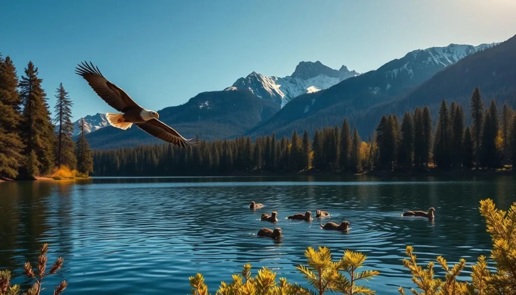A breathtaking landscape at Lake Shasta, California, showcasing the diverse wildlife thriving in this natural haven. In the foreground, a bald eagle soars gracefully, its majestic wings outstretched against the clear, azure sky. In the middle ground, a family of otters playfully drifts on the serene, mirror-like surface of the lake, surrounded by lush, verdant foliage. In the background, towering pine trees and rugged, snow-capped mountains create a stunning backdrop, casting a warm, golden glow over the entire scene. The lighting is soft and natural, with a hint of dappled sunlight filtering through the canopy. Captured with a wide-angle lens, this breathtaking image perfectly encapsulates the splendor and tranquility of Lake Shasta's natural wonders.