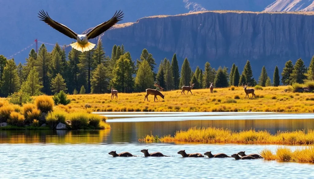 A breathtaking landscape at Strawberry Reservoir, California, showcasing the diverse wildlife found in the region. In the foreground, a serene lake reflects the surrounding mountains and lush vegetation. A pair of majestic bald eagles soar gracefully overhead, while a family of otters playfully swim in the calm waters. In the middle ground, a group of deer graze peacefully among the tall grasses, their watchful eyes alert to any movement. The background is dominated by towering pine trees and rugged cliffs, bathed in warm, golden sunlight that casts a peaceful, natural ambiance over the entire scene. This idyllic setting offers a prime opportunity for wildlife enthusiasts to immerse themselves in the beauty of Strawberry Reservoir's thriving ecosystem.
