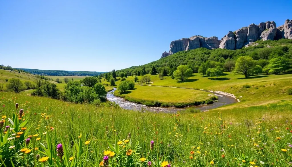 A breathtaking landscape in Decorah, Iowa, on a warm, sunny day. In the foreground, a lush meadow dotted with vibrant wildflowers sways gently in the breeze. Beyond, a winding stream cuts through the rolling hills, its glistening waters reflecting the clear blue sky. In the middle ground, clusters of verdant trees provide a natural canopy, casting dappled shadows on the ground below. In the distance, rugged limestone bluffs rise majestically, their weathered faces casting a serene, timeless presence over the scene. The lighting is soft and diffused, creating a warm, inviting atmosphere that captures the tranquil beauty of this hidden gem in the heart of Iowa.