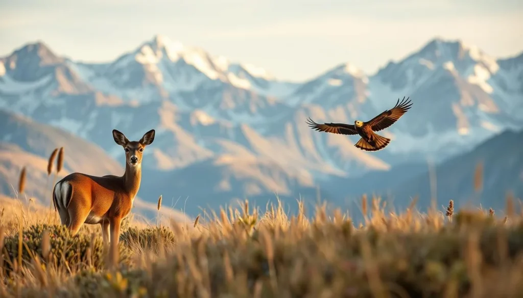 A breathtaking landscape in the White Mountains of California, where majestic wildlife thrives in the crisp, cool air. In the foreground, a graceful deer pauses, its eyes alert, framed by the golden grasses and wildflowers. In the middle ground, a soaring hawk rides the updrafts, its wings outstretched against a backdrop of rugged, snow-capped peaks. The scene is bathed in warm, natural lighting, casting a serene, almost ethereal atmosphere over the entire tableau. Capture the essence of this pristine wilderness, where nature's beauty and its inhabitants coexist in perfect harmony.