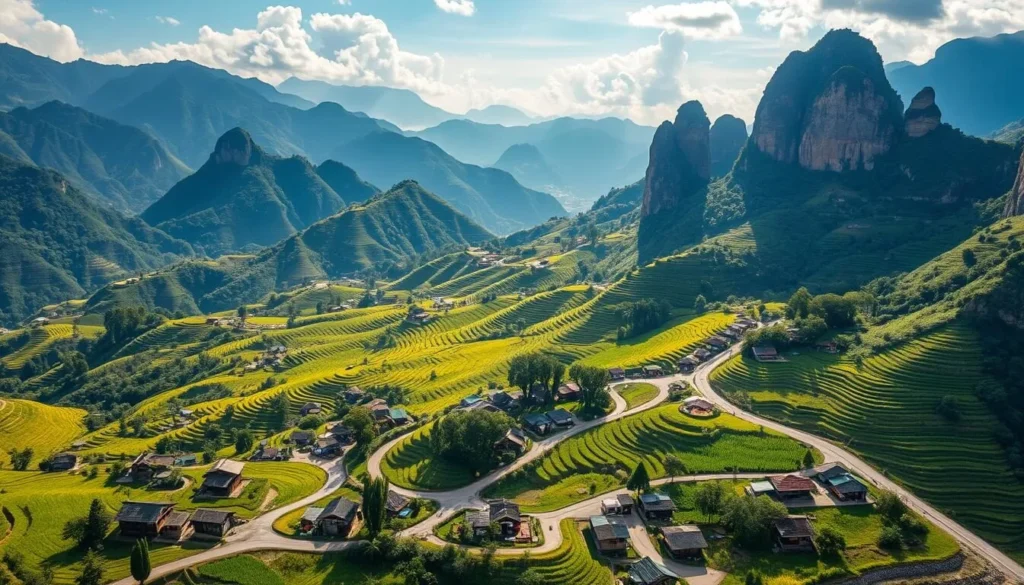 A breathtaking landscape in the remote northern region of Vietnam, Hà Giang unfolds with majestic mountains, winding roads, and lush, verdant valleys. Capture the sun-dappled slopes adorned with terraced rice paddies, their patchwork patterns reflecting the sky's cerulean hue. In the foreground, quaint villages dot the scene, their traditional wooden houses and vibrant markets a testament to the region's rich cultural heritage. Delicately perched atop the ridges, towering limestone cliffs cast dramatic shadows, their rugged contours sculpted by the elements over millennia. Envelop the viewer in an atmosphere of tranquility and wonder, a place where the beauty of nature and the resilience of the human spirit converge in perfect harmony.