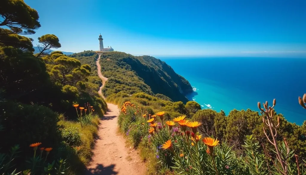 A breathtaking landscape of Cape Byron National Park, New South Wales, Australia. A sun-dappled trail winds through lush, verdant foliage, leading the eye towards the dramatic cliffs and the vast, azure expanse of the Pacific Ocean beyond. In the foreground, vibrant wildflowers dot the path, adding pops of color to the serene scene. The middle ground is dominated by the iconic Cape Byron Lighthouse, its white tower standing tall against the clear, blue sky. Soft, diffused lighting creates a warm, inviting atmosphere, accentuating the park's natural beauty. Capture this picturesque moment with a wide-angle lens, showcasing the breathtaking vistas that make Cape Byron National Park a must-visit destination.