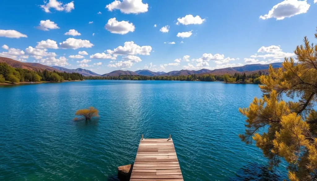 A breathtaking landscape of Lake Hemet, nestled amidst the rolling hills of California's Riverside County. The crystal-clear waters reflect the azure sky, dotted with fluffy white clouds. Lush, verdant trees line the shore, their branches swaying gently in the warm breeze. In the foreground, a small wooden dock juts out into the lake, inviting visitors to cast their lines and enjoy the serene tranquility. The sun casts a golden glow over the scene, creating a captivating atmosphere of natural beauty and peace. Capture the essence of this picturesque location through a wide-angle lens, showcasing the stunning vistas and the harmony between land and water.